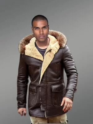 Mens Genuine Shearling Jacket with Raccoon Fur Outlined Hood