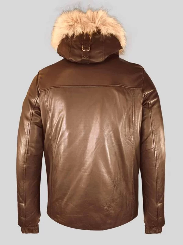 Men’s Coffee Real Leather Parka with Raccoon Trim on Hood - Image 3
