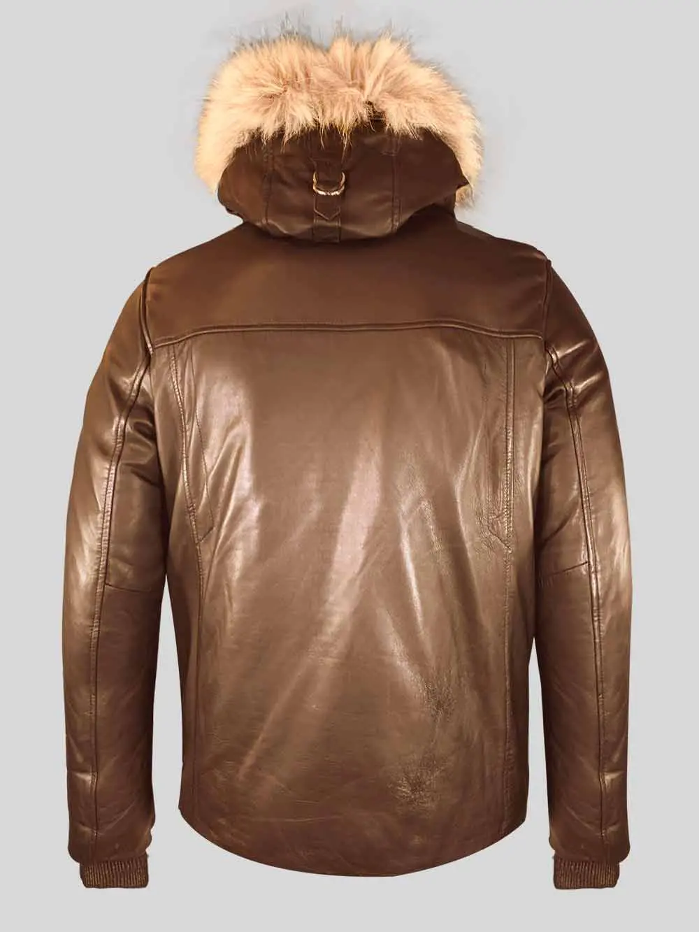 Men’s Coffee Real Leather Parka with Raccoon Trim on Hood - Image 3