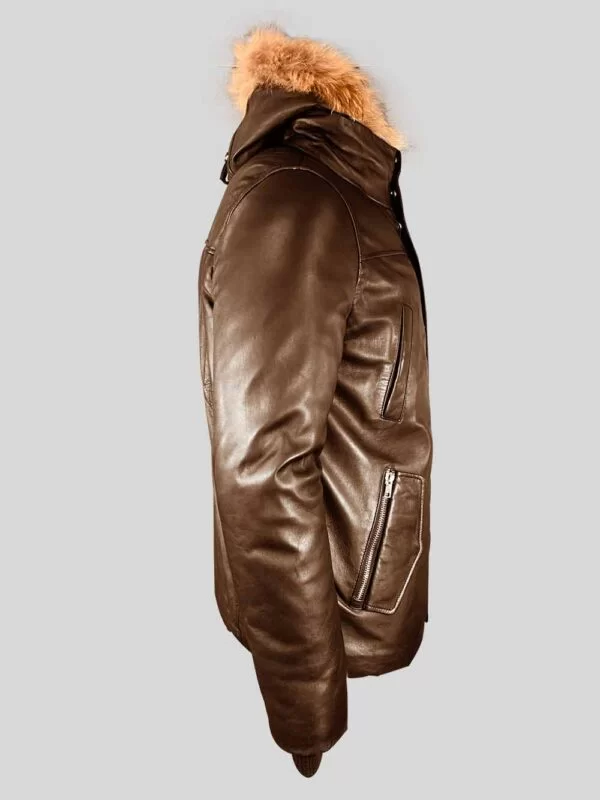 Men’s Coffee Real Leather Parka with Raccoon Trim on Hood - Image 2