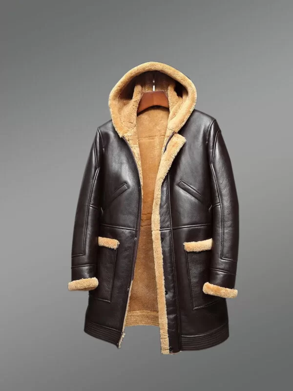 Mens Authentic Shearling Coat with Hood For Maximum Protection & Style - Image 3