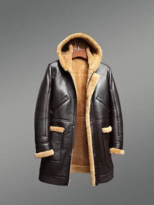 Mens Authentic Shearling Coat with Hood For Maximum Protection & Style