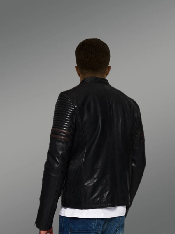 Men’s Motorcycle Band Collar Leather Jacket - Image 3