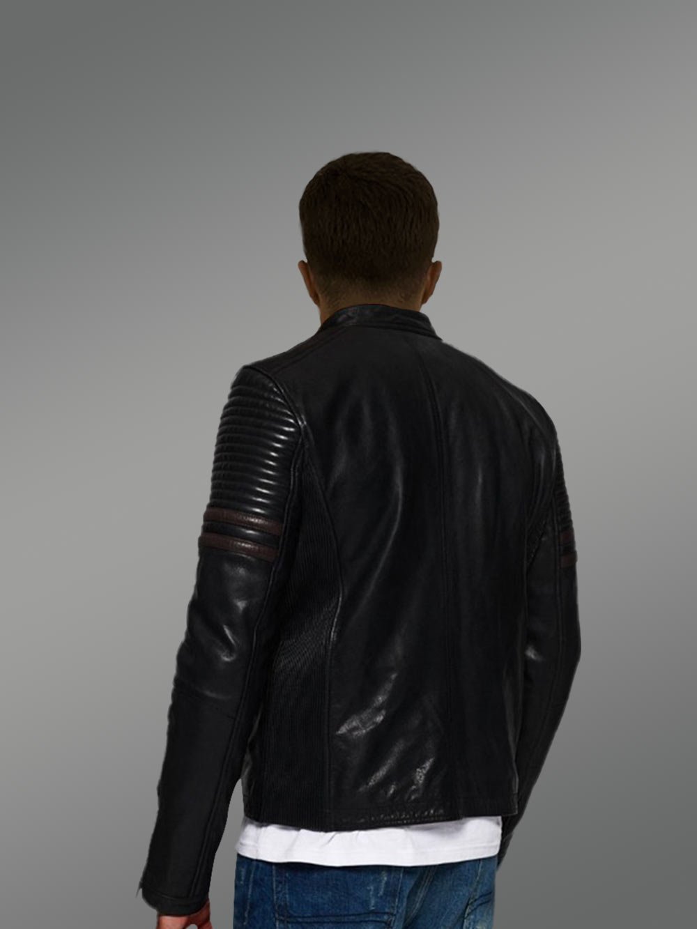 Men’s Motorcycle Band Collar Leather Jacket - Image 3