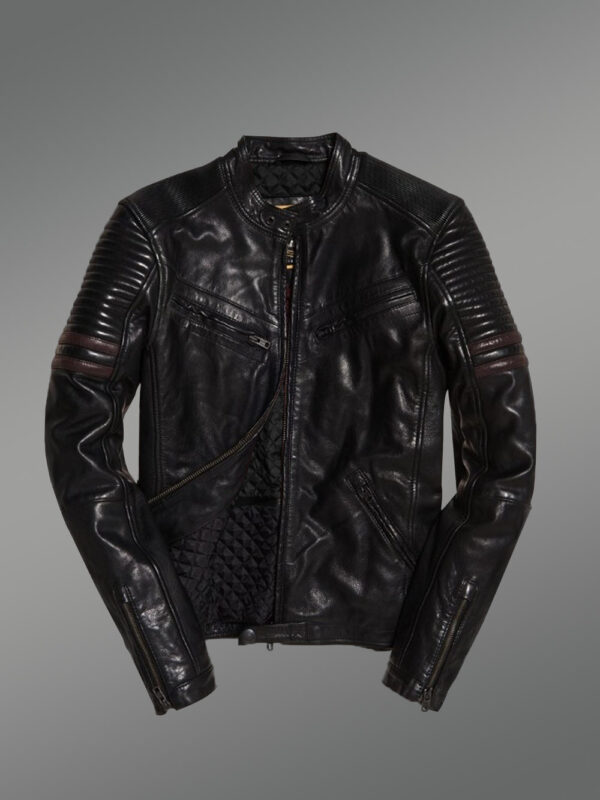 Men’s Motorcycle Band Collar Leather Jacket - Image 2