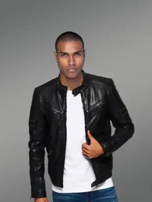 Men’s Motorcycle Band Collar Leather Jacket