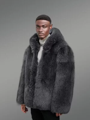 Mens Fox Fur Coat with Hood