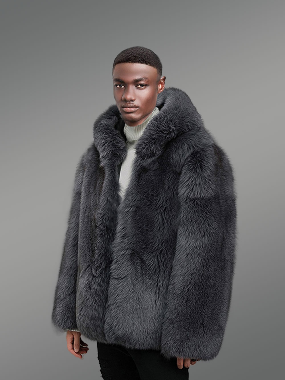 Mens Fox Fur Coat with Hood