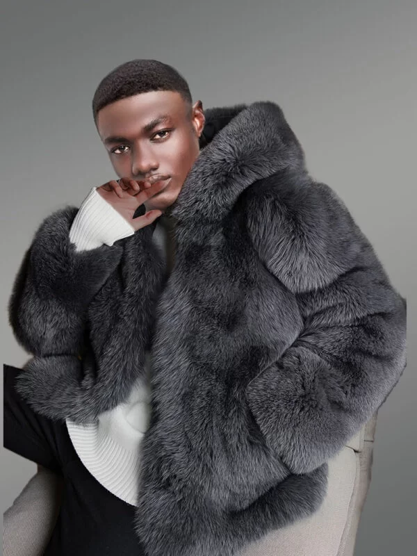 Mens Fox Fur Coat with Hood - Image 2