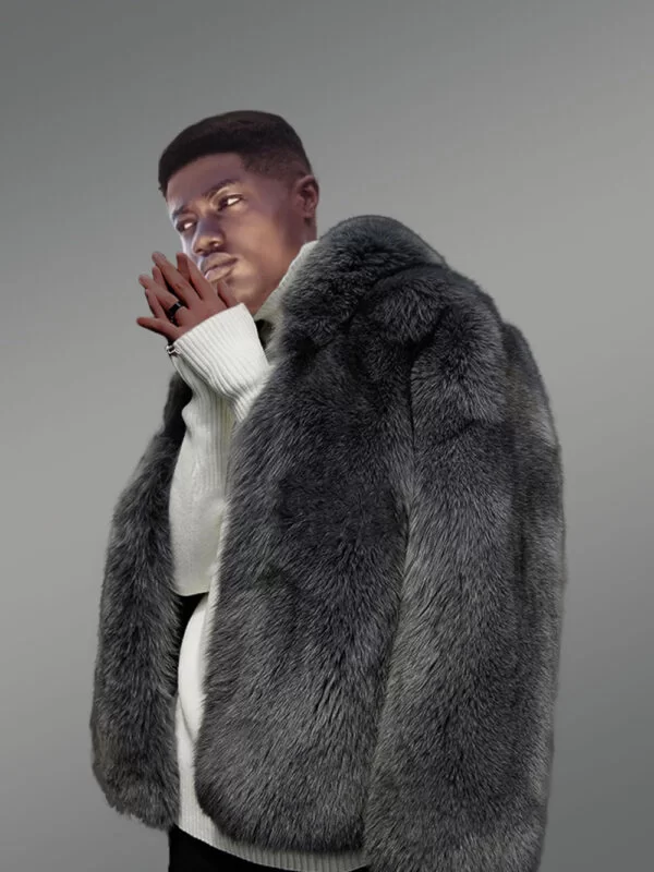 Mens Fox Fur Coat with Hood - Image 3