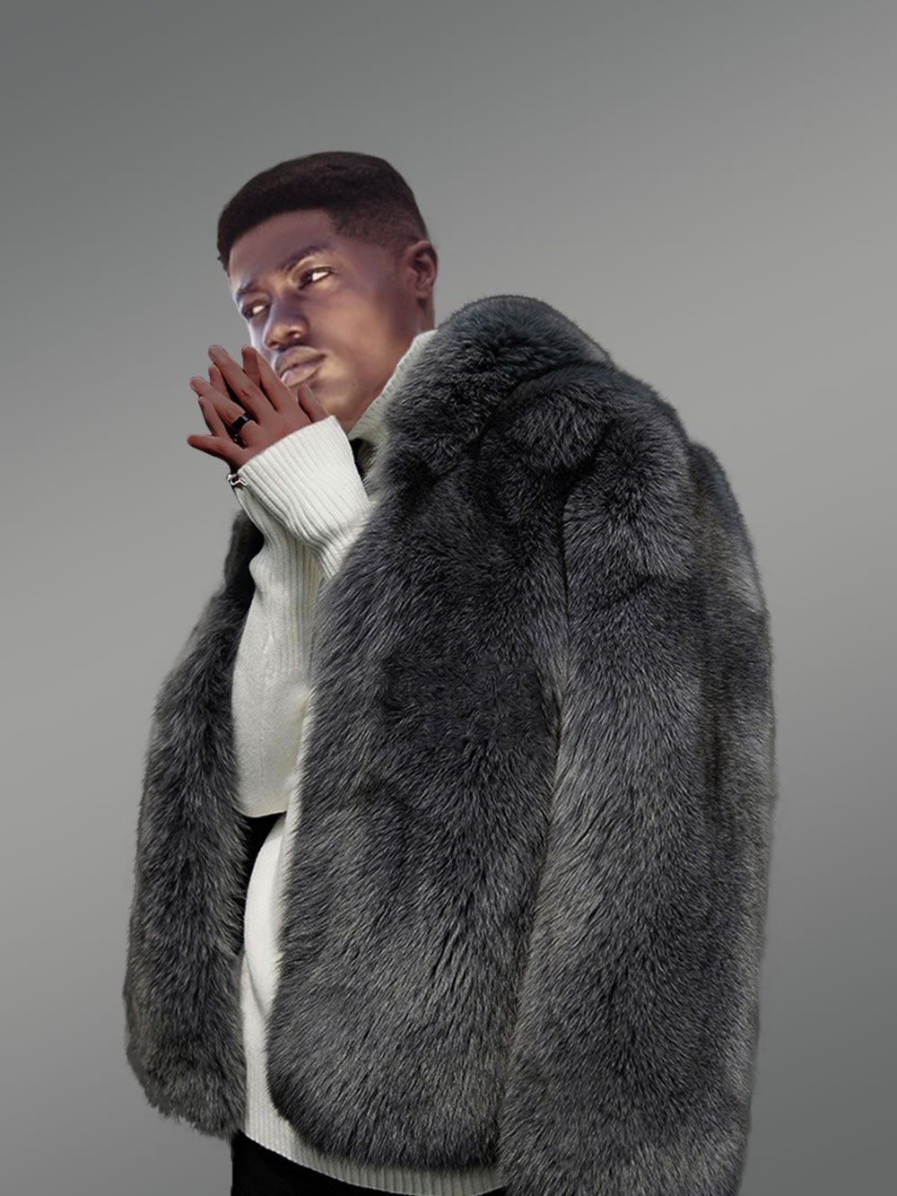 Mens Fox Fur Coat with Hood - Image 3