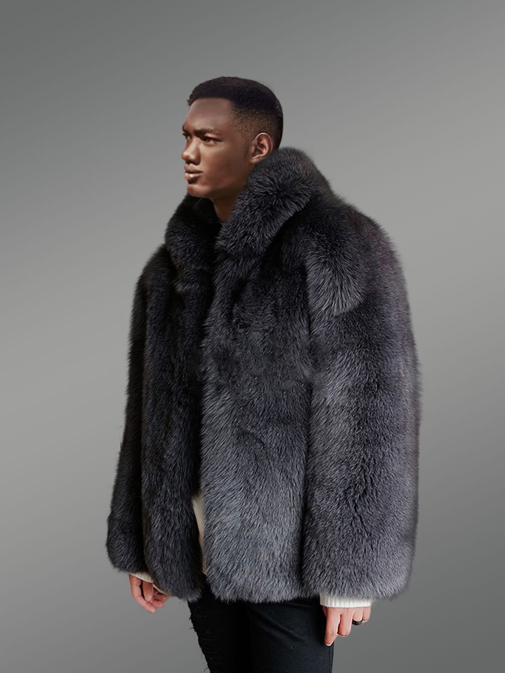 Mens Fox Fur Coat with Hood - Image 5
