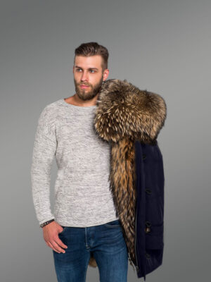 Men’s Hybrid Navy Finn Raccoon Fur Parka Convertibles to Reinvent Charm and Smartness with Rabbit Liner