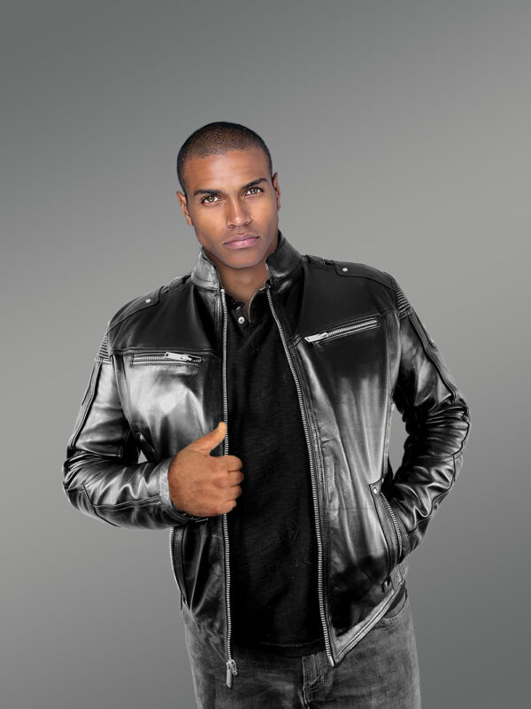 Mens Moto Leather Jacket in Black - Image 2