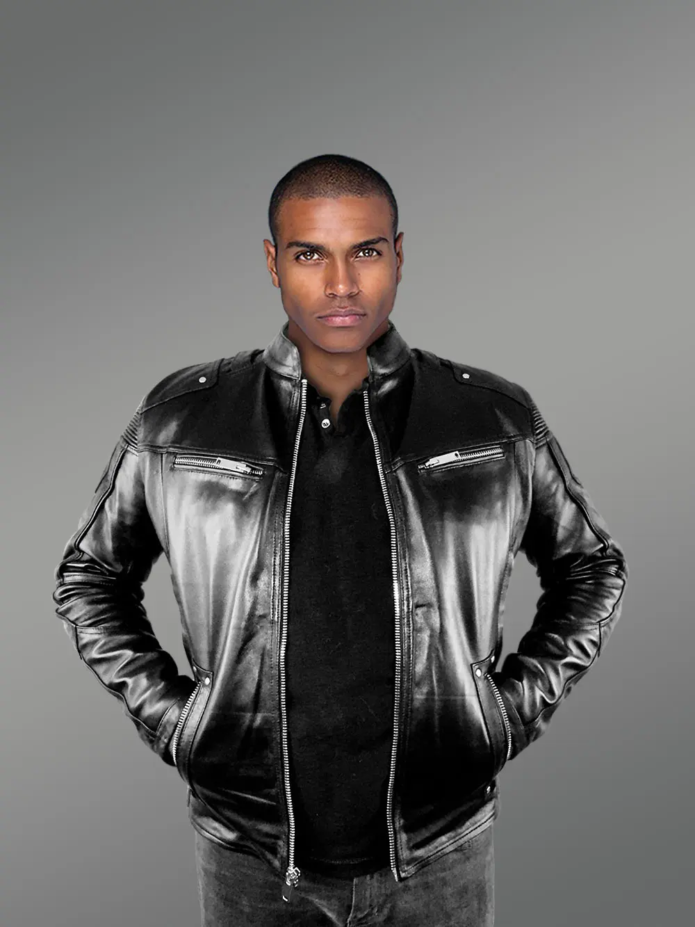 Mens Moto Leather Jacket in Black - Image 3