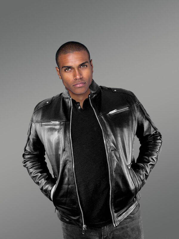 Mens Moto Leather Jacket in Black - Image 4