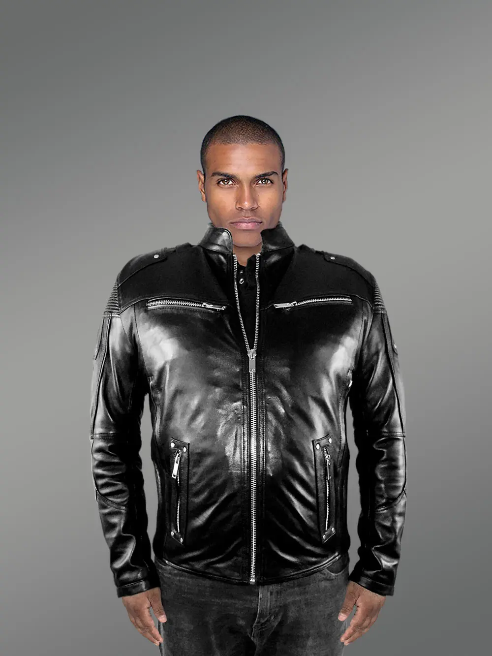 Mens Moto Leather Jacket in Black - Image 6