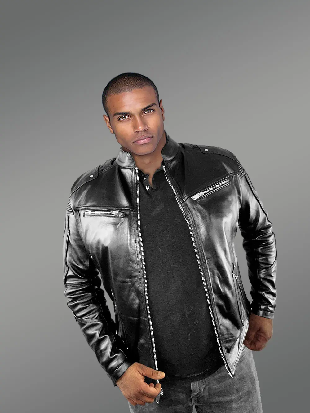 Mens Moto Leather Jacket in Black - Image 7