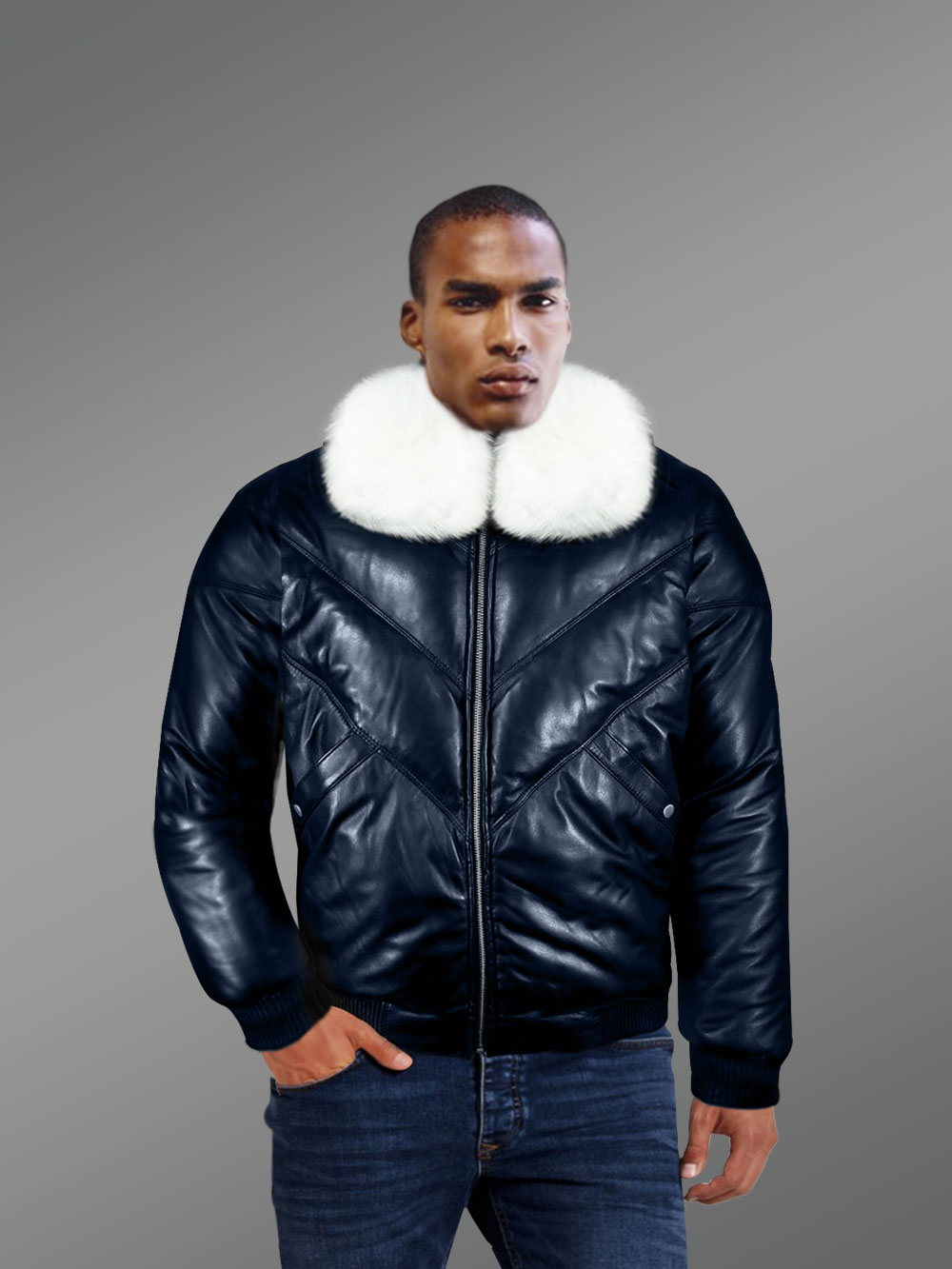Leather Bomber Jacket with Fox Fur