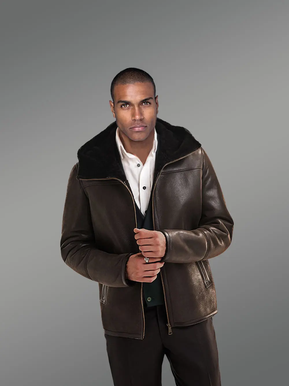 Men’s Real Stylish Shearling Jackets in Coffee with Practical Functionality - Image 2