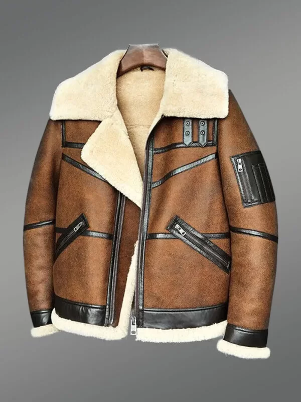 Men’s Tan Shearling Jacket with Collar Belt to Boost Your Appeal - Image 2