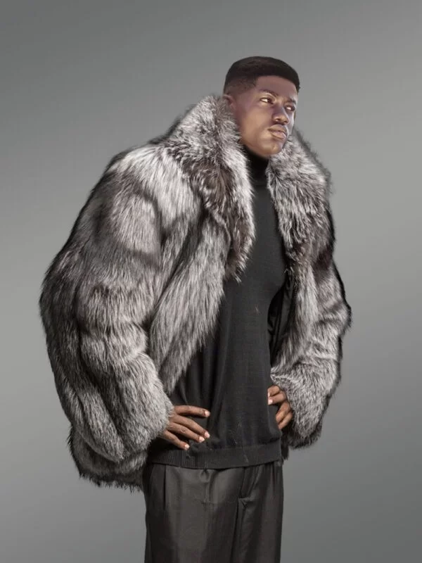 Men’s Silver Fox Fur Bomber Jacket - Image 2