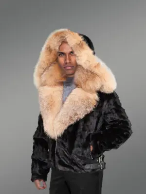Mink Jacket with Crystal Fox Fur Collar and Hood