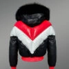 Men’s Stylish V Bomber Leather Jackets with Fur Collar and Zippered-Out Fur Hood
