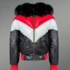 Men’s Stylish V Bomber Leather Jackets with Fur Collar and Zippered-Out Fur Hood