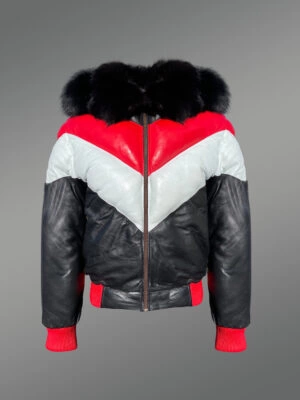 Men’s Stylish V Bomber Leather Jackets with Fur Collar and Zippered-Out Fur Hood