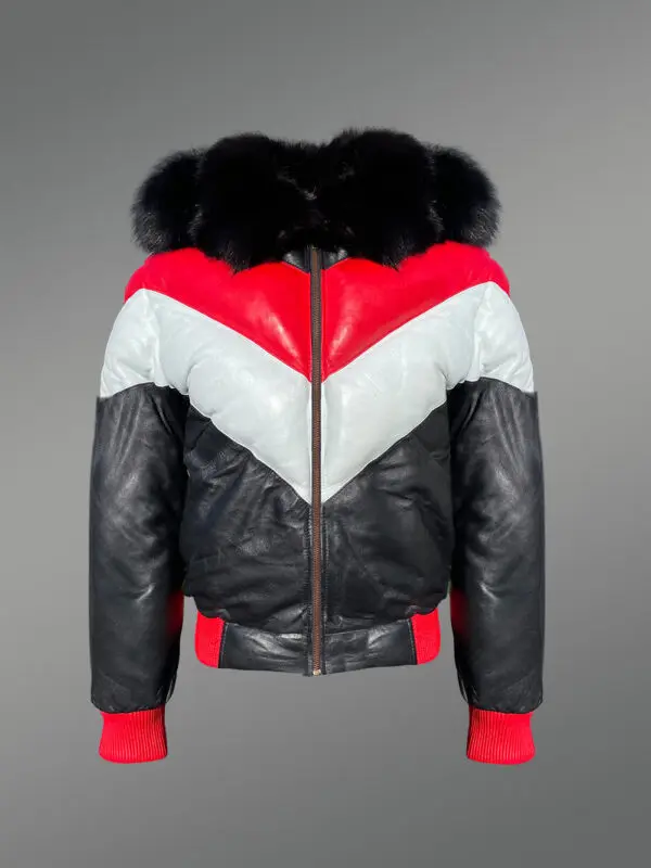 Men’s Stylish V Bomber Leather Jackets with Fur Collar and Zippered-Out Fur Hood