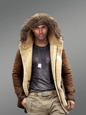Tan Genuine Shearling Jacket with Dual Closing Mechanism