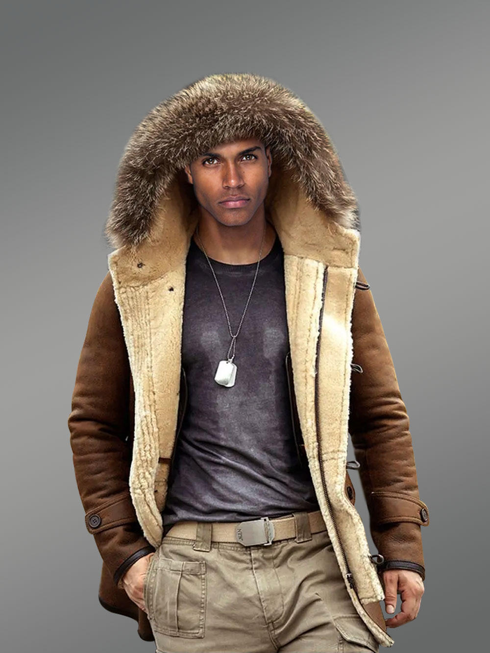 Tan Genuine Shearling Jacket with Dual Closing Mechanism
