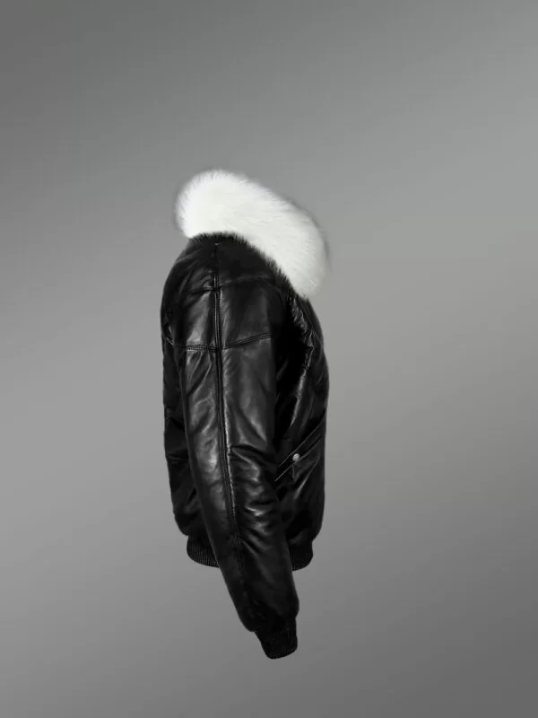 Black Leather Bomber Jacket with Fur Collar for High-Fashion Looks - Image 3