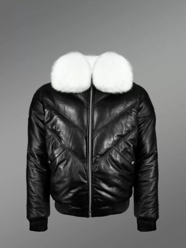 Black Leather Bomber Jacket with Fur Collar for High-Fashion Looks - Image 2