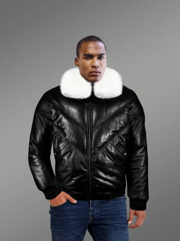 Black Leather Bomber Jacket with Fur Collar for High-Fashion Looks