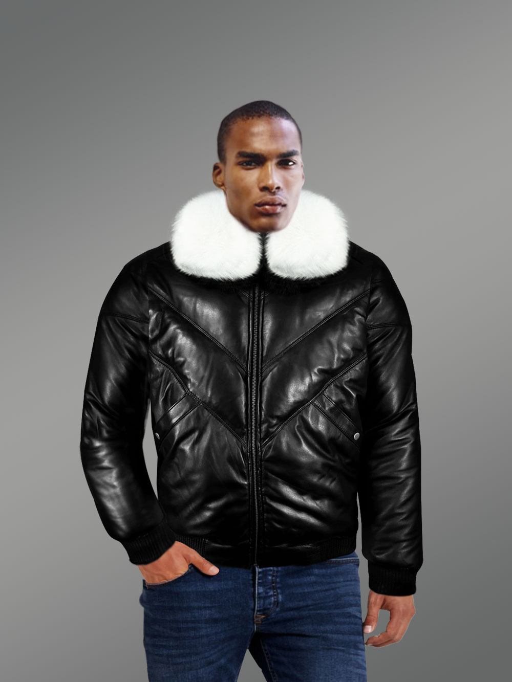Black Leather Bomber Jacket with Fur Collar for High-Fashion Looks