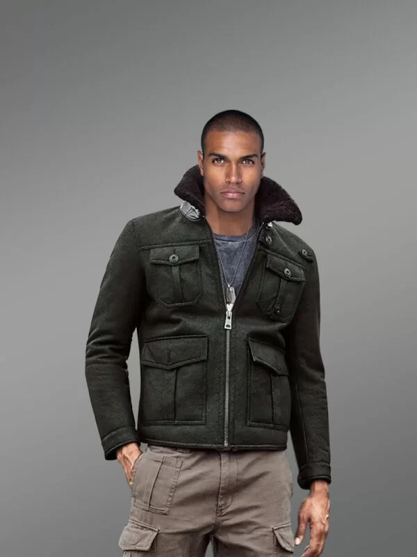 Military Green Authentic Shearling Jacket with Four Pockets - Image 2