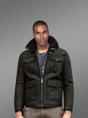Military Green Authentic Shearling Jacket with Four Pockets