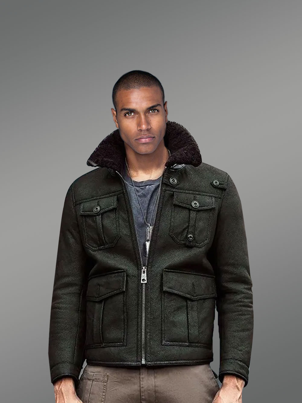 Military Green Authentic Shearling Jacket with Four Pockets