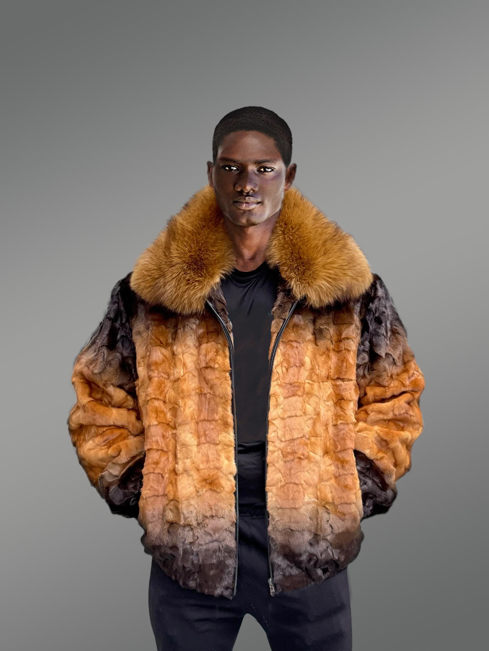 Mink Fur Bomber Jacket with Hood for Men