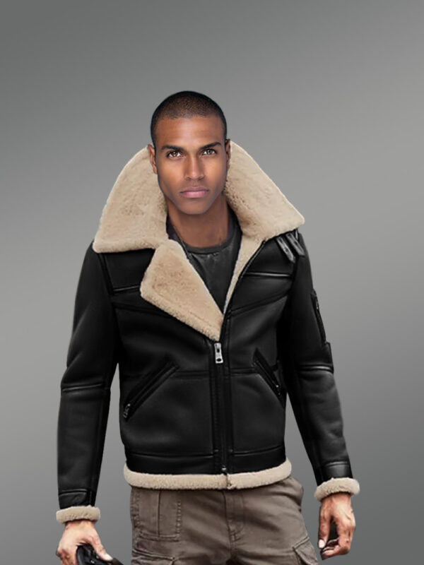 Moto Style Shearling Black Jacket With Double Collar Belts - Image 2