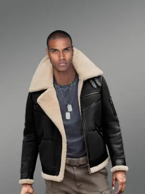 Moto Style Shearling Black Jacket With Double Collar Belts