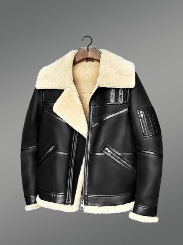 Moto Style Shearling Black Jacket With Double Collar Belts - Image 4