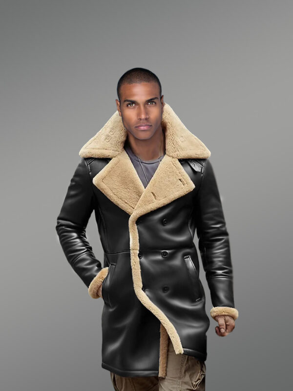 Nappa Finish Black Trench Shearling Coat For Men