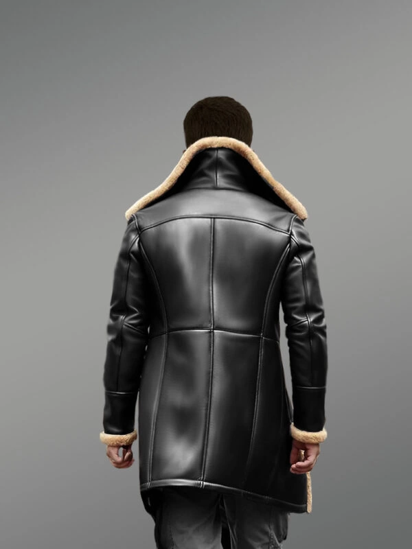 Nappa Finish Black Trench Shearling Coat For Men - Image 3