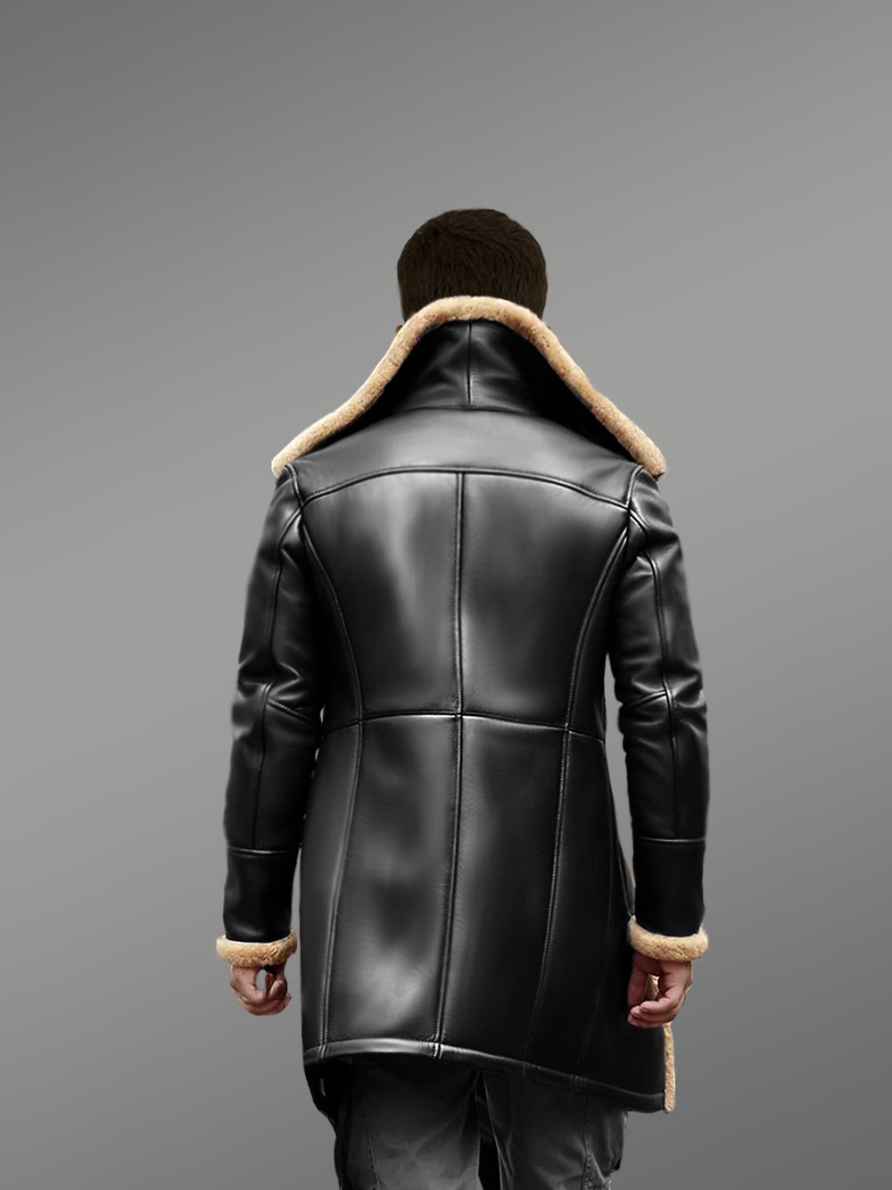 Nappa Finish Black Trench Shearling Coat For Men - Image 3