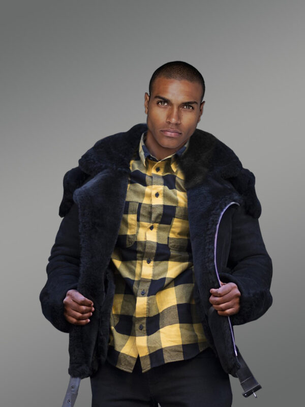 Premium Navy Blue Biker-Style Shearling Jacket