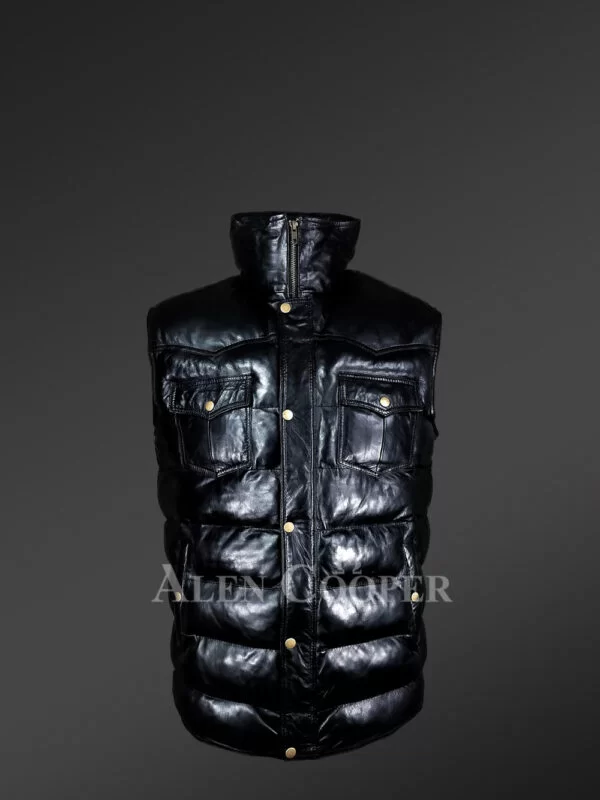 Puffy Leather Bubble Vest Jacket for Men - Image 2