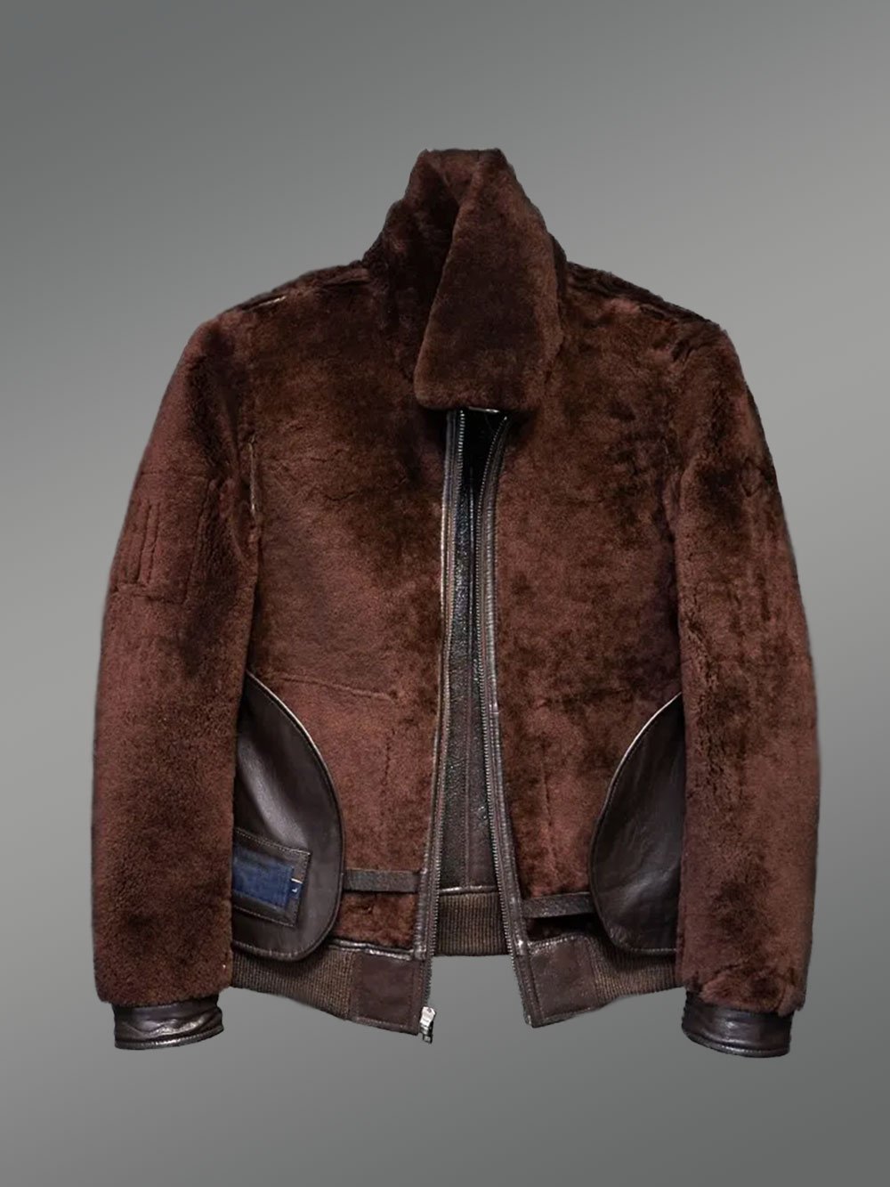 Red-Brown Aviator Bomber Style Shearling Jacket - Image 2